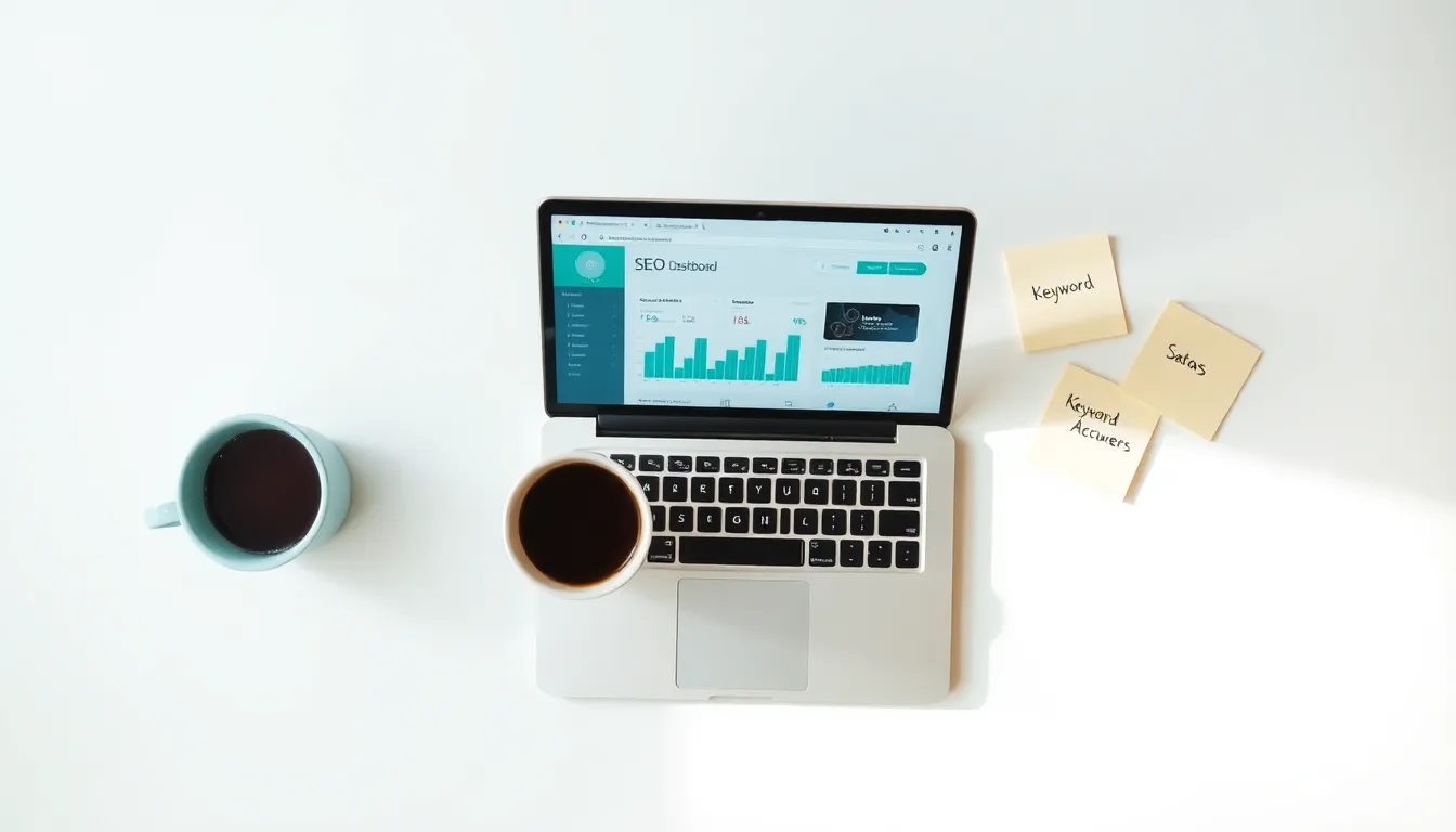 AI SEO tools for small teams — a minimal founder workspace with keyword research on screen