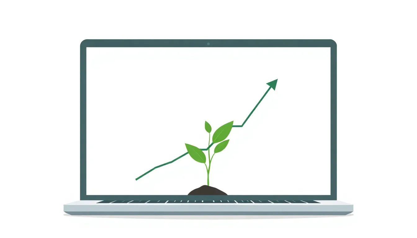 Illustration of a new website growing SEO traffic fast — seedling emerging from a laptop with an upward-trending graph